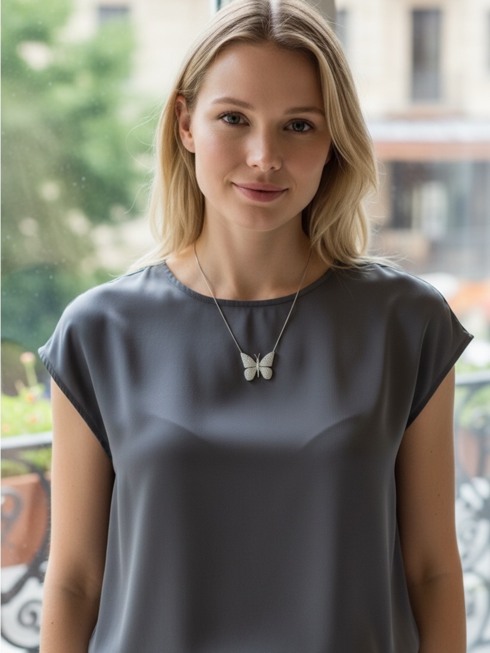 Silver Butterfly Pendant Necklace - Elegant Crystal Accent - By Alexa Rae - Picture 3 of 4